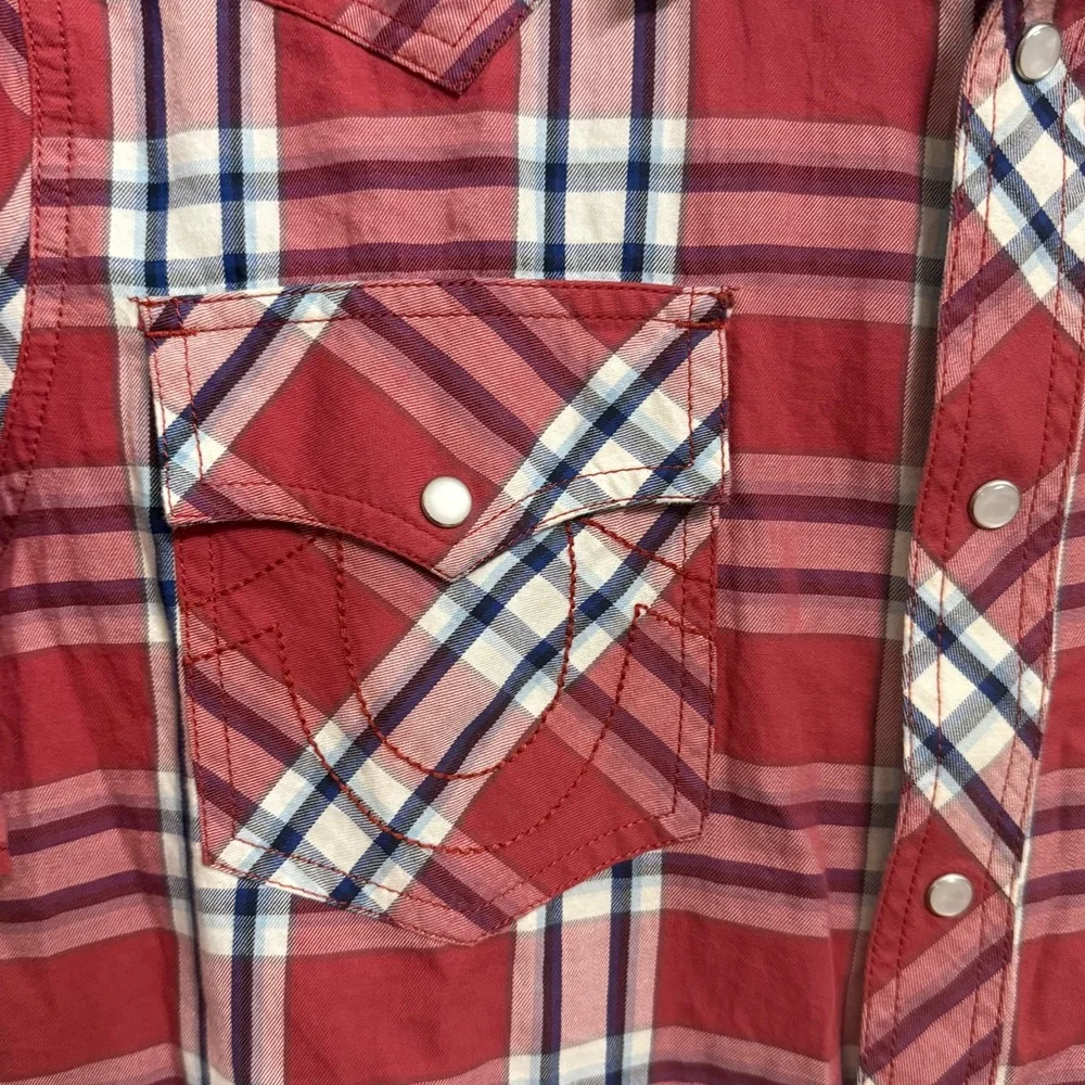 TRUE RELIGION MEN RED PLAID PEARL SNAP BUTTON DOWN SHORT SLEEVE WESTERN SHIRT XL